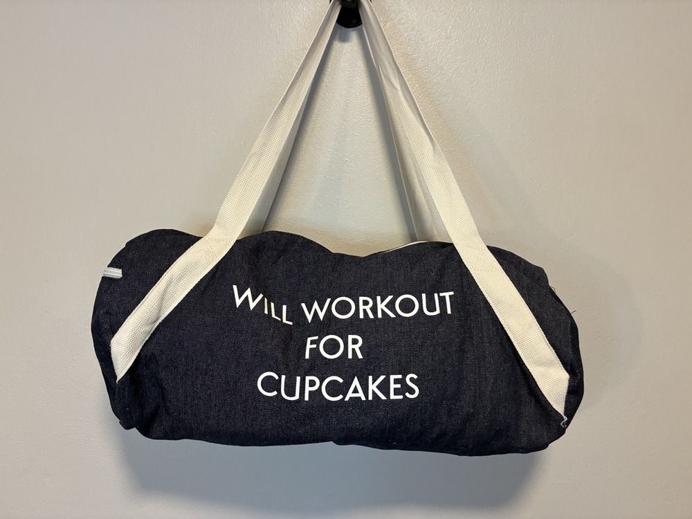 Denim Duffle Work Out bag “Will workout for cupcakes” bag, 20 in. Excellent cond